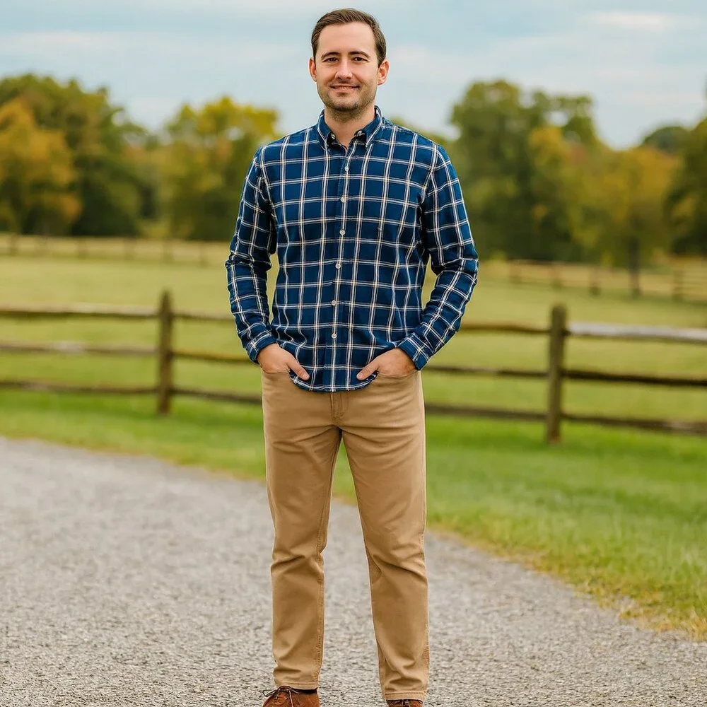 J. Crew Men L Button Blue/White Plaid Long Sleeves Flannel Work Chore Barn Shirt